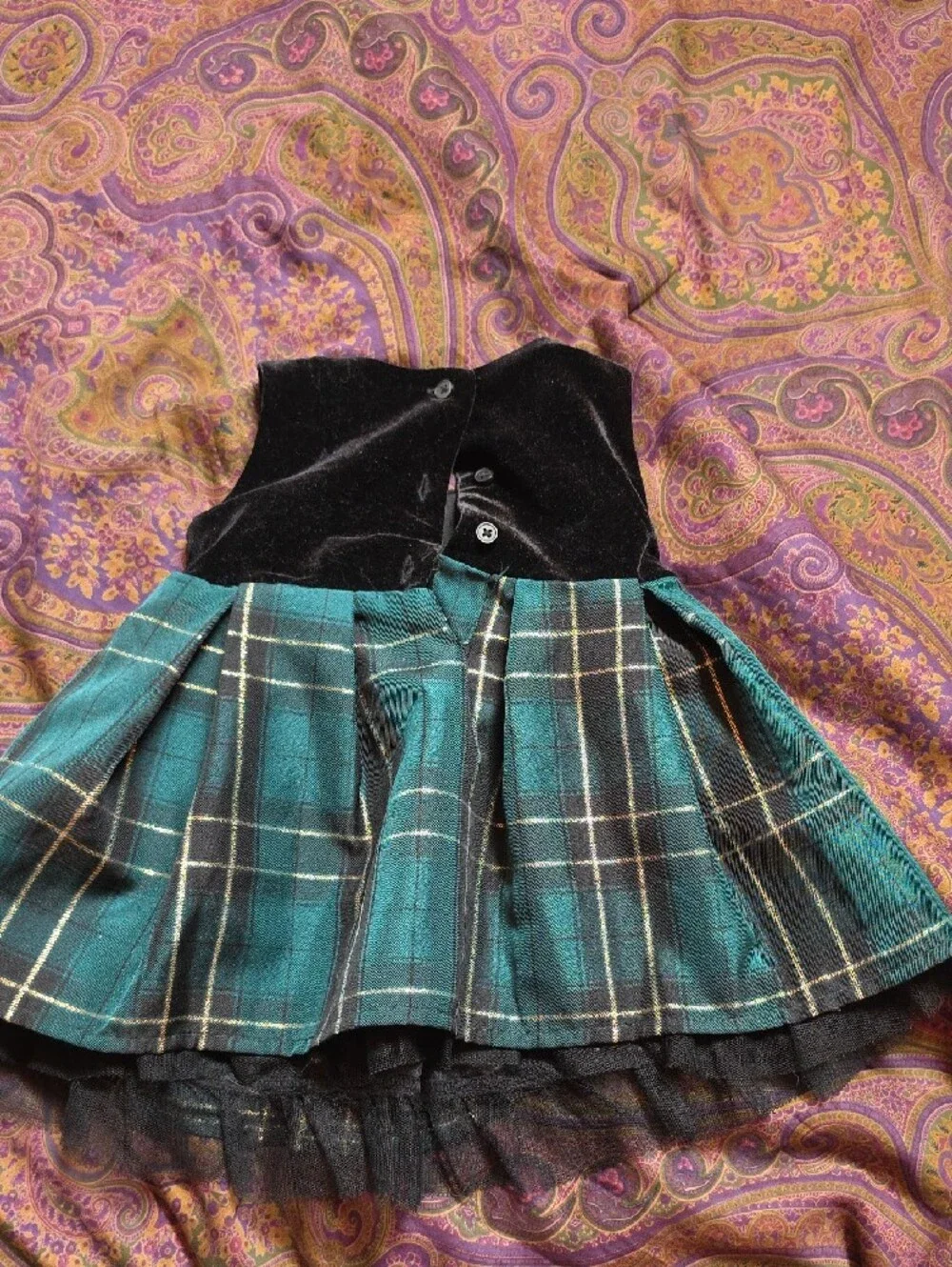 The Children's Place Black Velvet Top Green Plaid Bow Holiday Dress